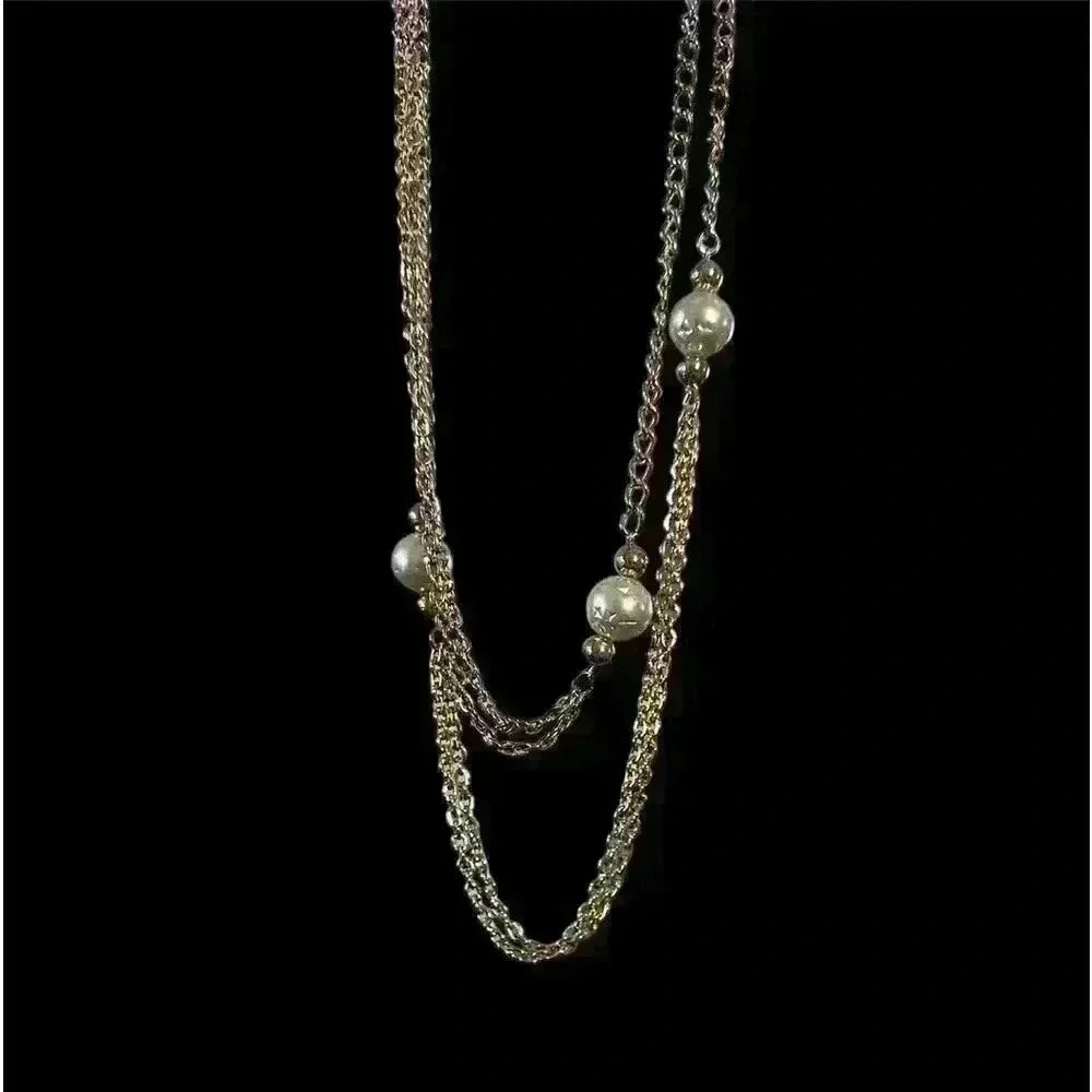 Long Beautiful Gold Faux Pearl Necklace